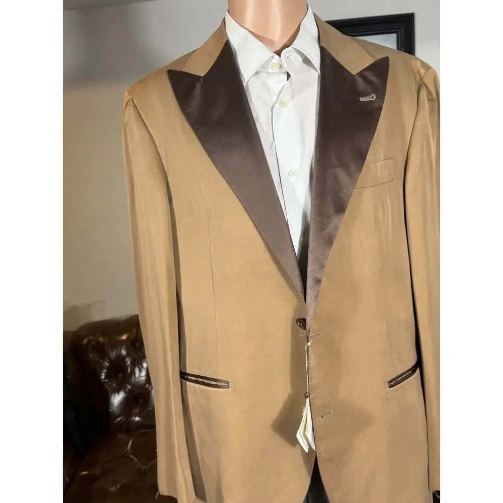 New Brunello Cucinelli Silk Tuxedo 2pc Peak Lapels Caramel Brown 50R 40 36x29